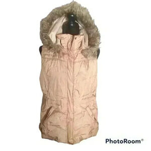 New York & Company Womens Golden Beige Faux Fur Trim Puffer Vest L